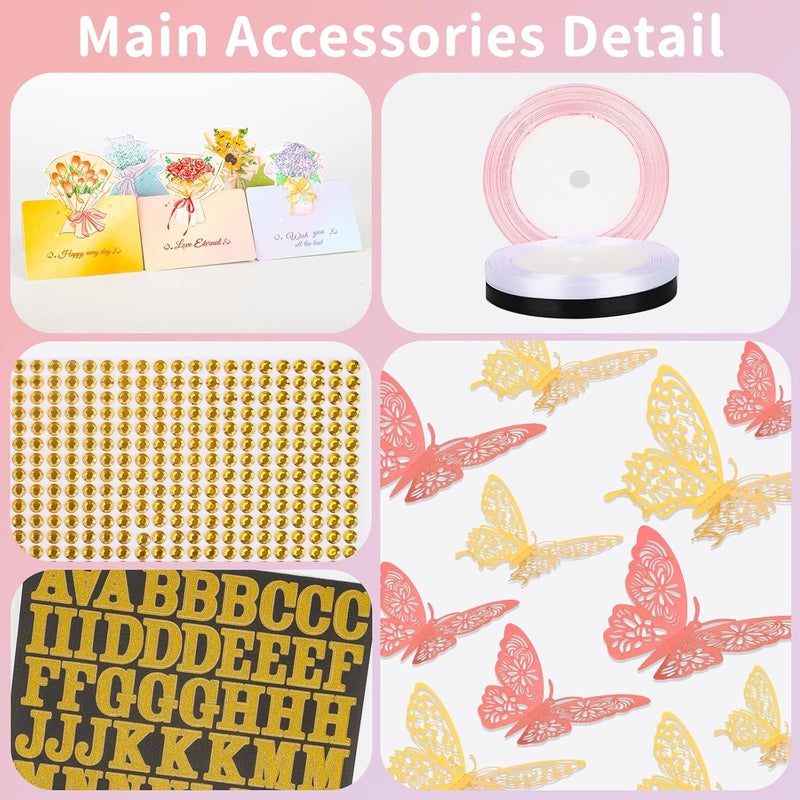 Besuper 52Pcs Flower Bouquet Wrapping Paper Accessories Kit, 20 Sheets White Waterproof Floral Wrapping Paper, 12 Gold 12 Pink Butterflies, 5 Cards, 1 White Ribbon, 1 Letter 1 Rhinestone Sticker (White Edge) - Image 4